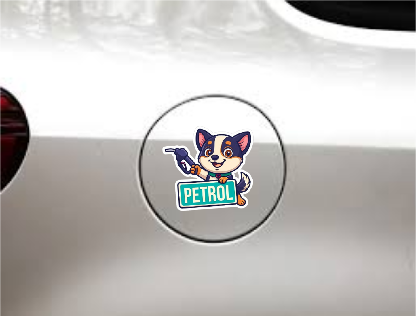 Smeeps Petrol Fuel Cap Sticker – 8.89 x 7.62 cm | Cute Dog with Green Petrol Label | For Car Fuel Lid Area