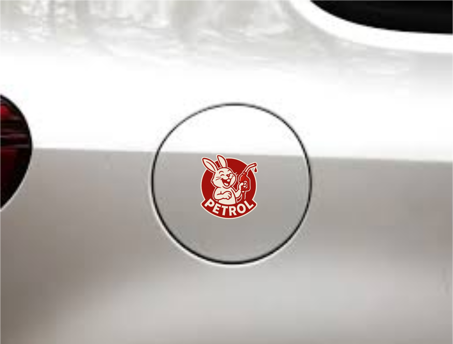 Smeeps Petrol Bunny Sticker – 8.4 x 7.8 cm Funny Car Decal with Retro Rabbit & Fuel Pump | Bold Red Design for Automotive Use Only