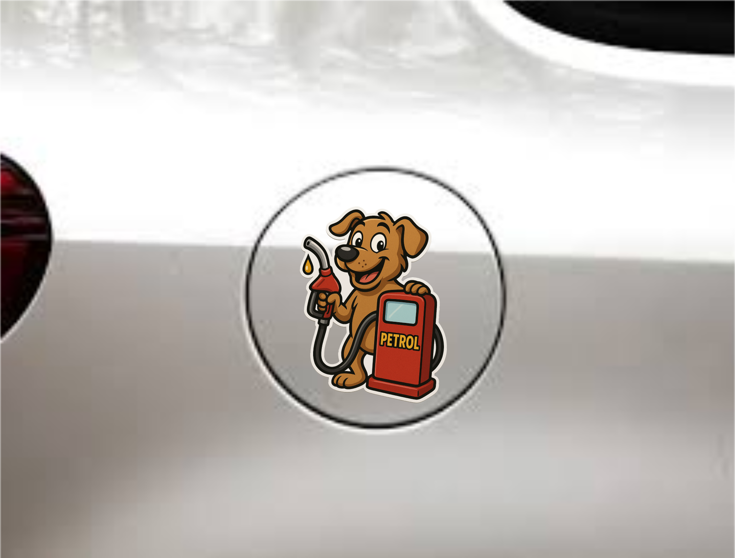 Petrol Sticker with Dog & Pump – 9 x 11.5 cm | Fun Design for Cars | Durable & Waterproof
