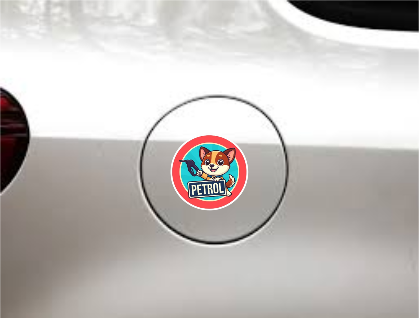 Smeeps Petrol Fuel Sticker – 7.62 x 7.62 cm | Cute Dog Cartoon with Nozzle for Car Fuel Cap Indicator