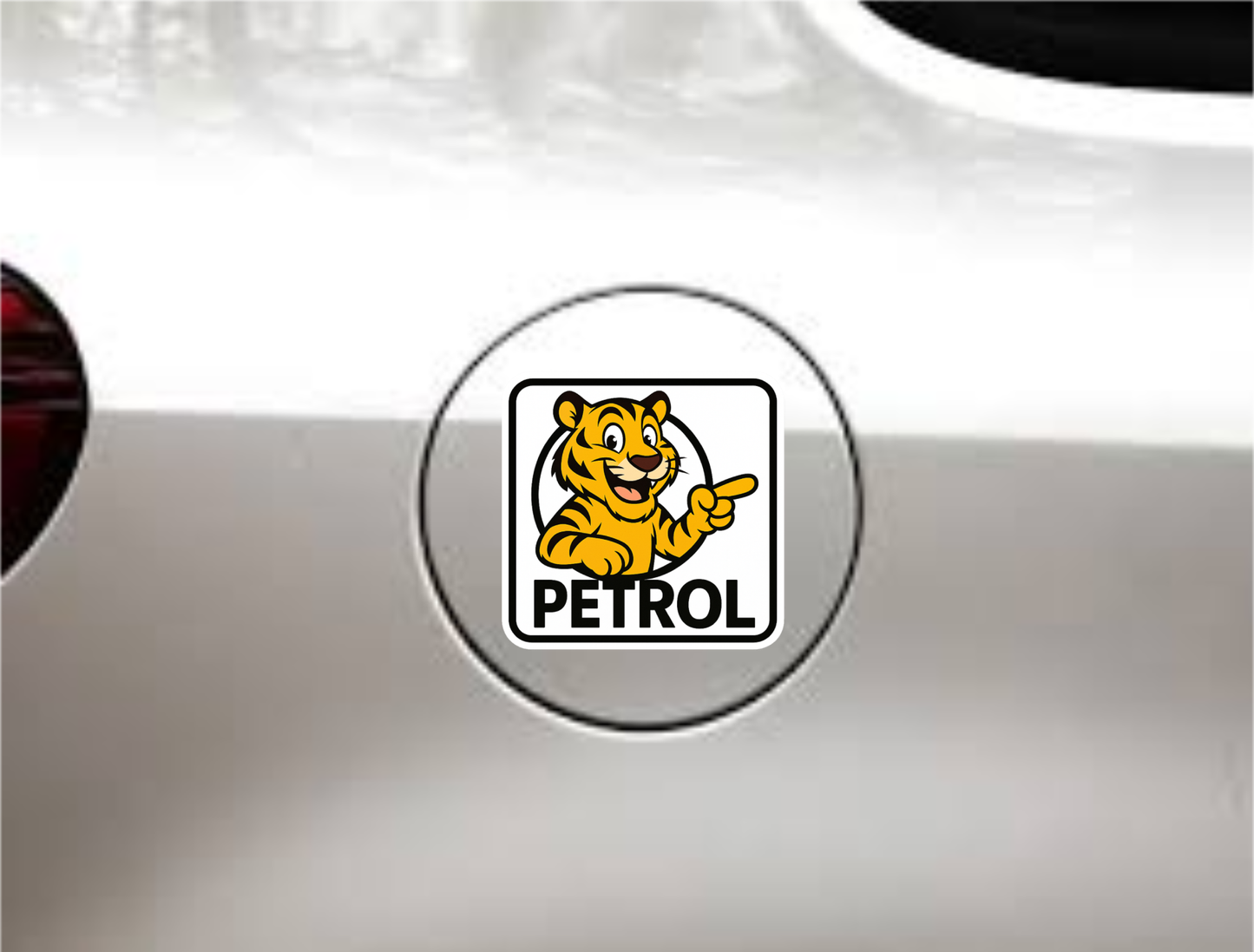 Cartoon Tiger Petrol Sticker – 13 x 13 cm | Fun & Bold Petrol Fuel Indicator Decal | Waterproof Vinyl for Cars