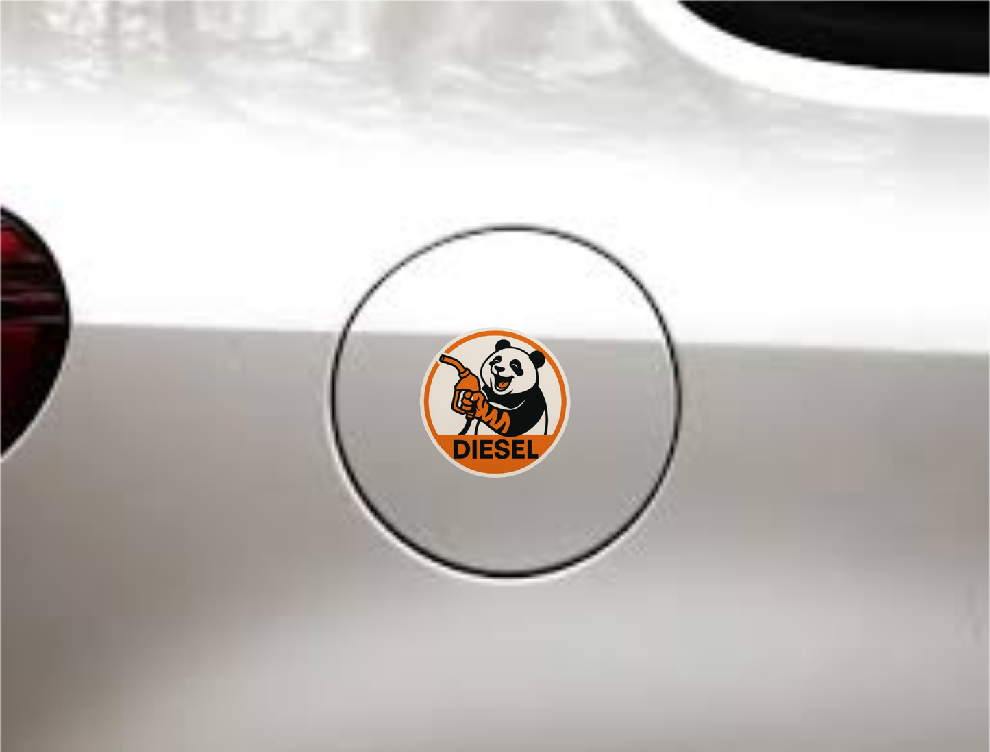 Smeeps Laughing Diesel Panda Sticker – 7.62 x 7.62 cm Round Fuel-Themed Car Decal with Smiling Cartoon Panda & Nozzle Design | Waterproof Vinyl for Cars Only