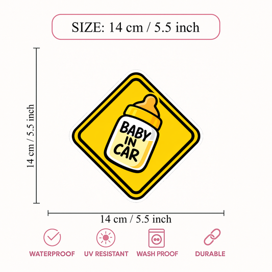Smeeps Baby In Car Sticker – 14 × 14 cm (5.5 × 5.5 Inch) Waterproof Vinyl Safety Sticker for Cars | Cute Baby Bottle Warning Decal | UV Resistant | Pack of 1