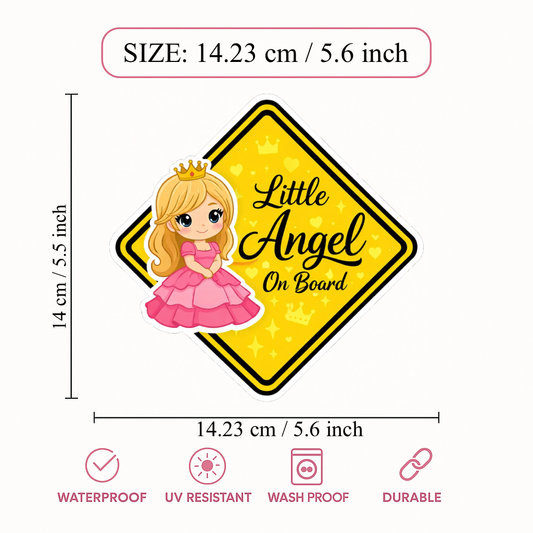 Smeeps Little Angel On Board Car Sticker – 14.23 × 14.23 cm (5.6 × 5.6 Inch) Waterproof Vinyl Safety Sticker for Cars | Cute Princess Baby Design | UV Resistant | Pack of 1