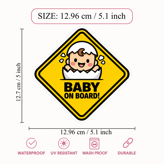 Smeeps Baby On Board Car Sticker – 12.96 × 12.7 cm (5.1 × 5 Inch) Waterproof Vinyl Safety Sticker for Cars | Cute Baby Egg Warning Decal | UV Resistant | Pack of 1