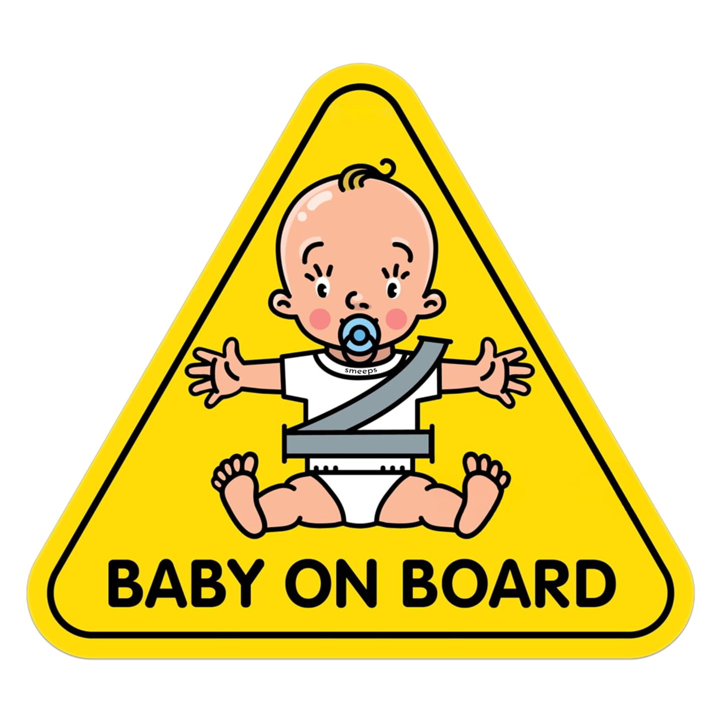Smeeps Baby on Board Car Sticker, 13.57 x 12.07 cm Triangle, Bright Yellow Safety Decal with Cartoon Baby – Waterproof & Weatherproof for Rear Windows