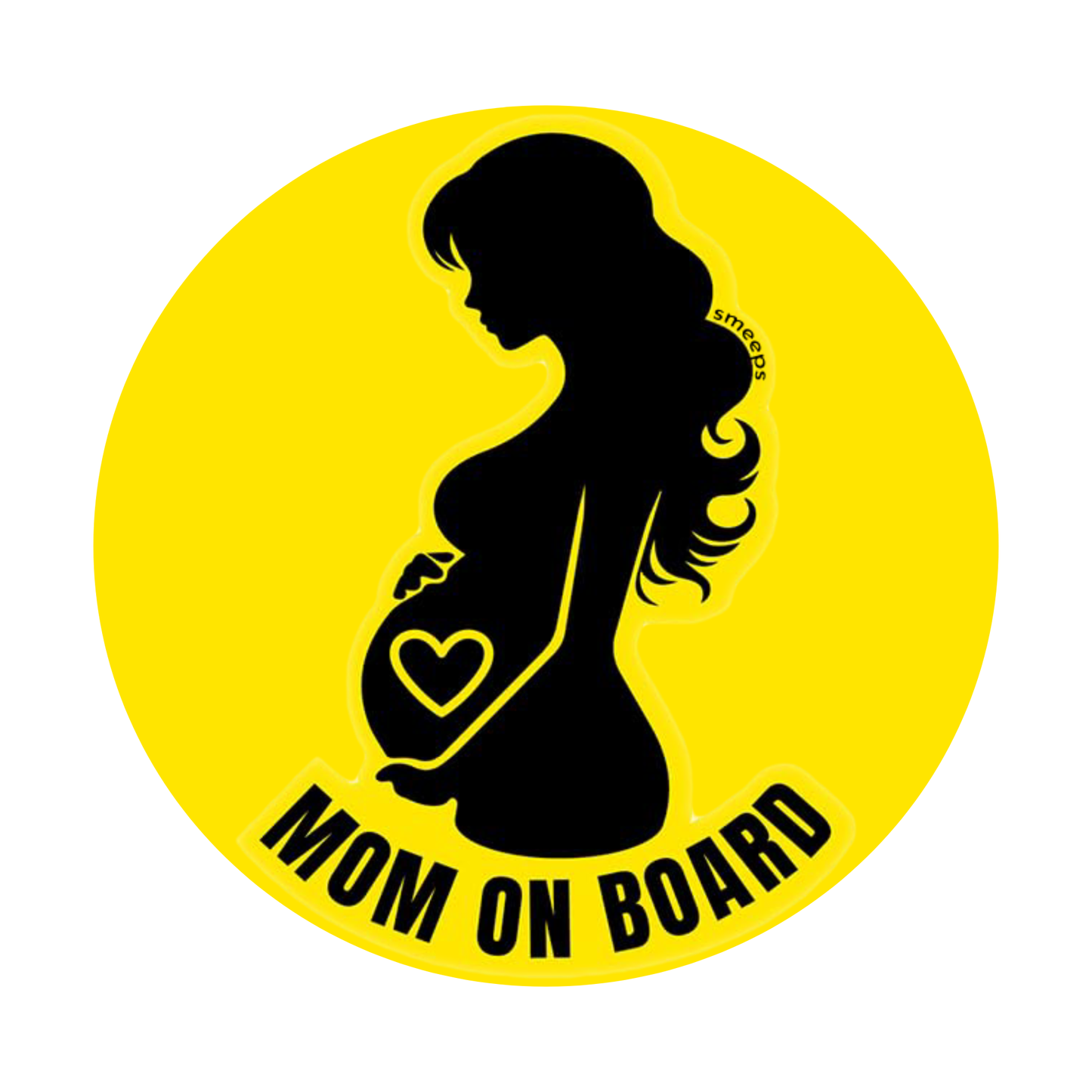 Smeeps Mom on Board Sticker – 15.24 cm Round | Bold Silhouette Design with Heart | Yellow & Black Waterproof Car Safety Sign