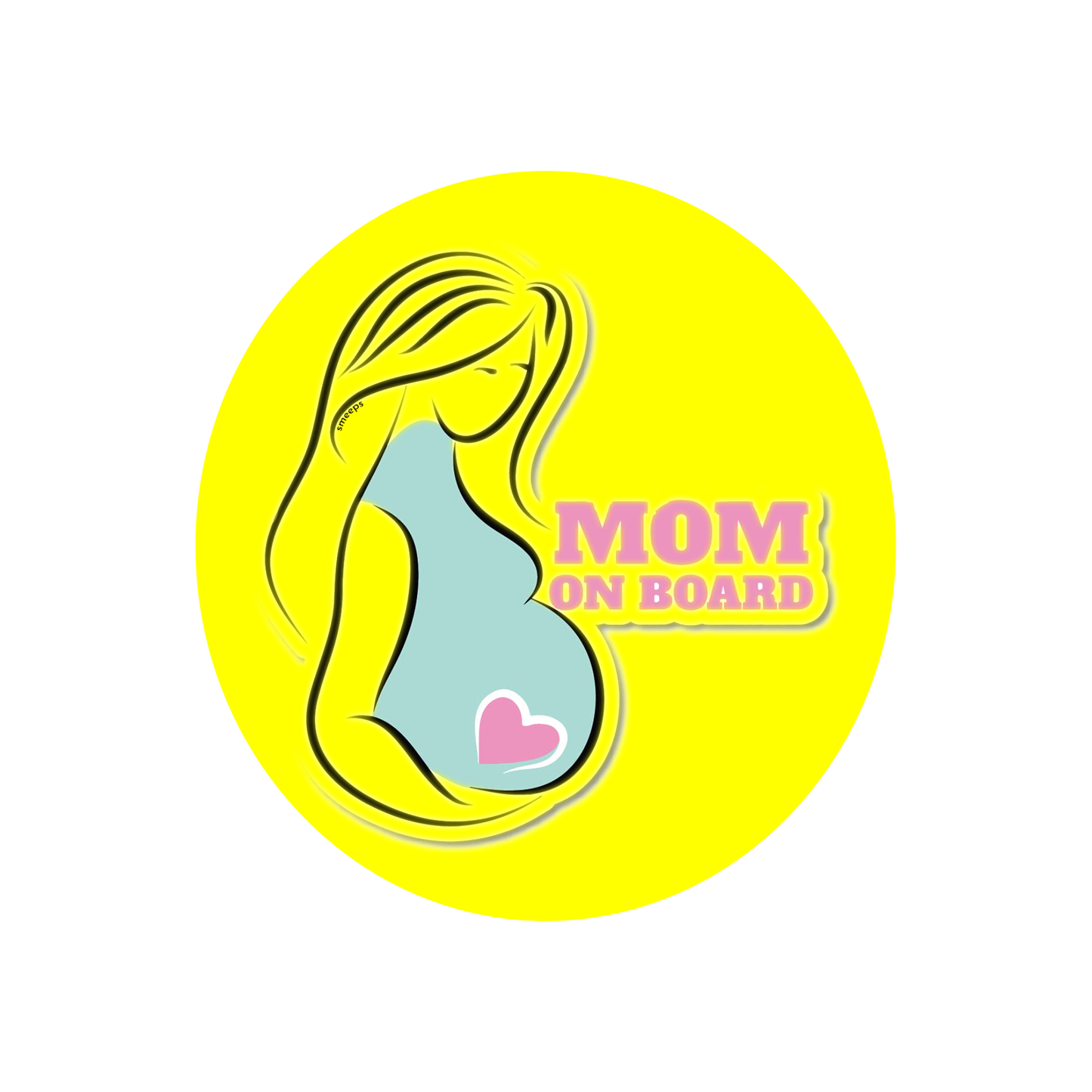 Pack of 2 | Smeeps Mom on Board Sticker – 15.24 cm Round | Pastel Silhouette & Heart Design | Yellow Waterproof Car Safety Sign