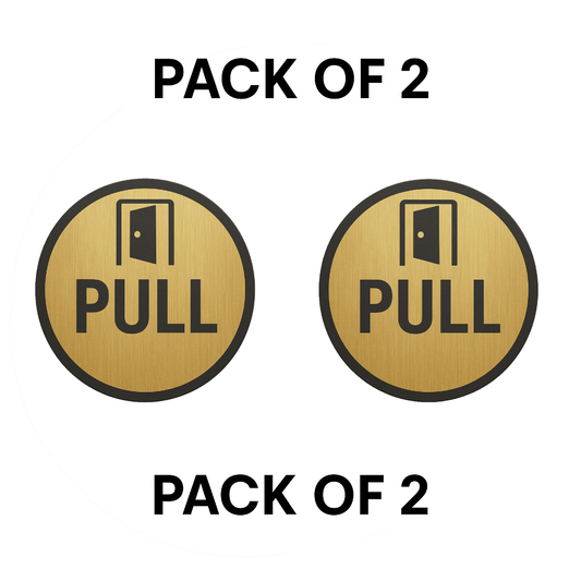 Pack of 2 | Smeeps Round “PULL” Door Sticker – 15.24 cm | Brushed Gold with Bold Black Text & Door Icon | Self-Adhesive Sign for Offices, Shops & Public Spaces