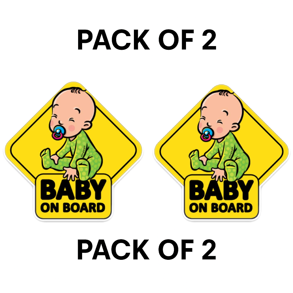 Pack of 2 | Smeeps Baby on Board Car Sticker, 14.7 x 14.7 cm Diamond Shape – Smiling Baby in Green Pajamas, Waterproof Safety Sign for Vehicles
