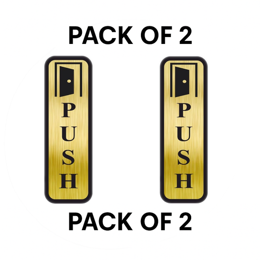 Pack of 2 | Smeeps Vertical “PUSH” Door Sign – 19 x 6 cm | Gold Brushed Finish with Black Border | Adhesive Back | Stylish & Durable Metal-Look Plate Stickers for Offices, Shops, and Hotels