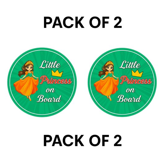 Pack of 2 | Smeeps Little Princess On Board Sticker – 15.24 cm Round | Cute Cartoon Princess with Crown & Dress | Green Car Safety Sign for Kids