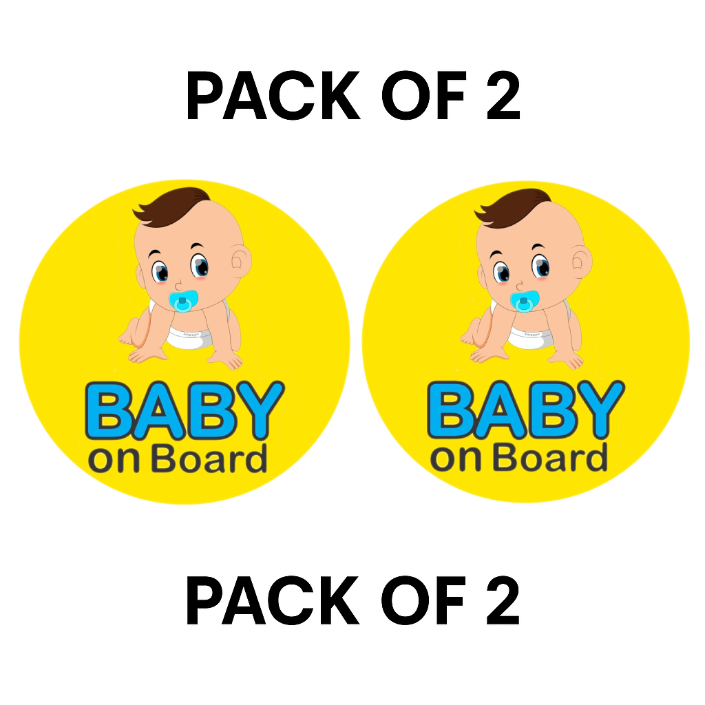Pack of 2 | Smeeps Baby on Board Sticker – 15.24 cm Round | Cute Crawling Baby Boy Design | Yellow & Blue Waterproof Car Safety Sign