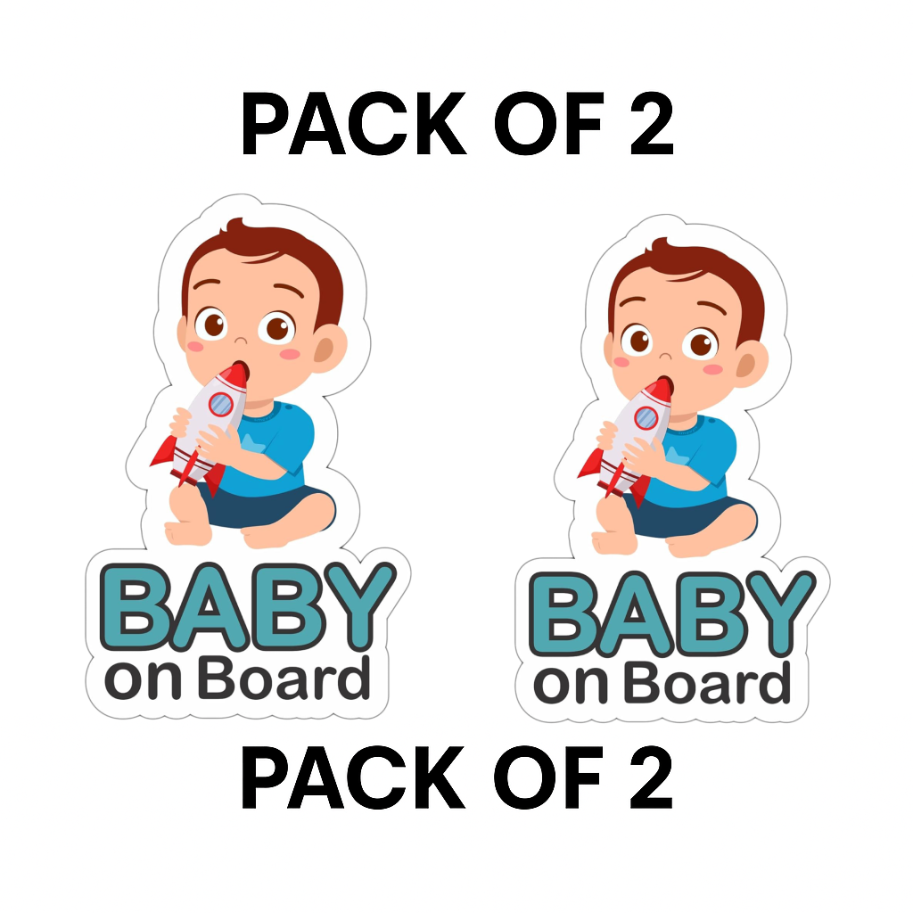 Pack of 2 | Smeeps Baby on Board Sticker – 14 x 8.6 cm | Cute Baby Boy with Rocket Design | Waterproof Vinyl Car Safety Sign