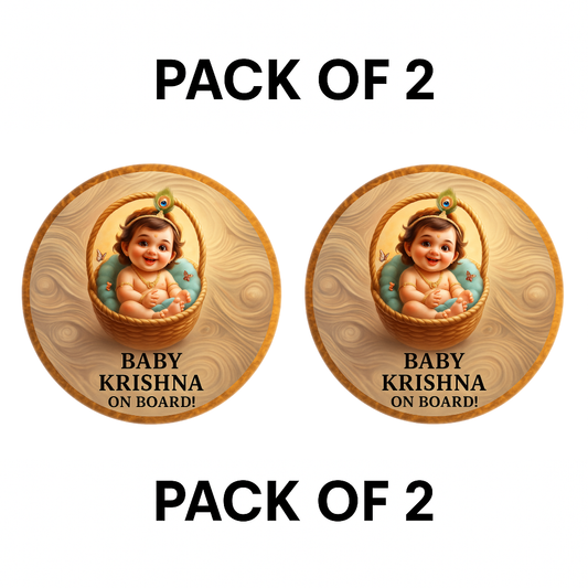 Pack of 2 | Smeeps Baby Krishna On Board Sticker – 15.24 cm Round | Basket-Themed Divine Krishna Design | Waterproof & UV-Proof Car Safety Sign