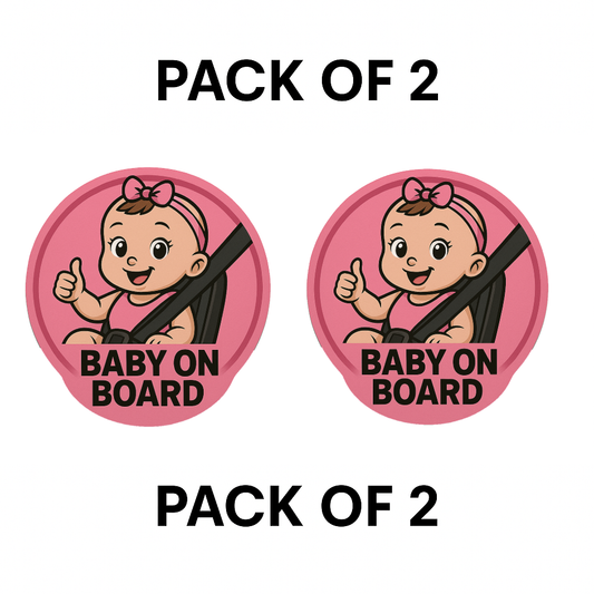 Smeeps Baby On Board Sticker – 13.97 x 13.97 cm Round | Cute Baby Girl in Car Seat with Thumbs-Up | Waterproof Pink Car Safety Sign