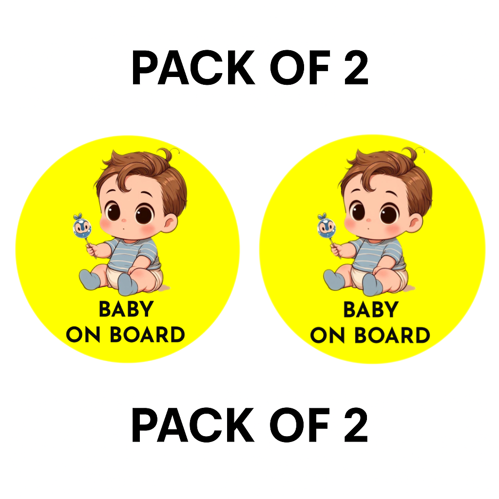Pack of 2 | Smeeps Baby on Board Sticker – 15.24 cm Round | Cute Cartoon Baby Boy with Toy Design | Yellow & Black Waterproof Car Safety Sign