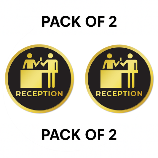 Pack of 2 | Smeeps Round “RECEPTION” Sticker Sign – 15.24 cm | Premium Gold & Black Design with Icon | Self-Adhesive Label for Office Lobbies, Hotels, and Clinics