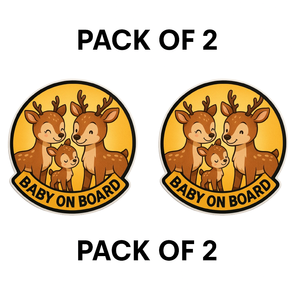 Smeeps “Baby On Board” Cute Deer Family Sticker – 13.97 x 13.97 cm | Round Wildlife Theme Safety Sign for Cars