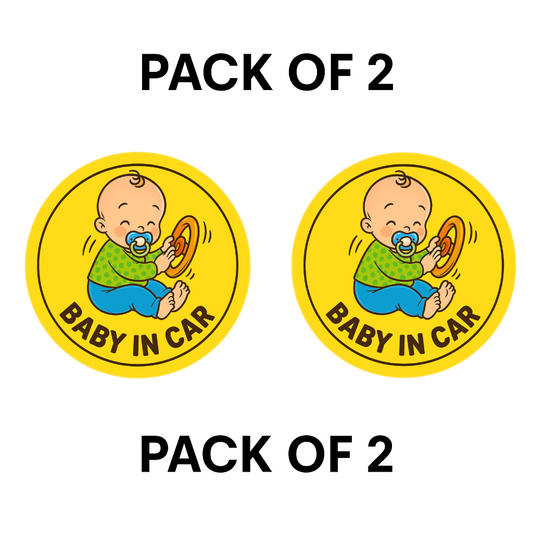 Pack of 2 | Smeeps Baby in Car Sticker – 15.24 cm Round | Funny Cartoon Baby with Steering Wheel | Bold Safety Sign for Vehicles
