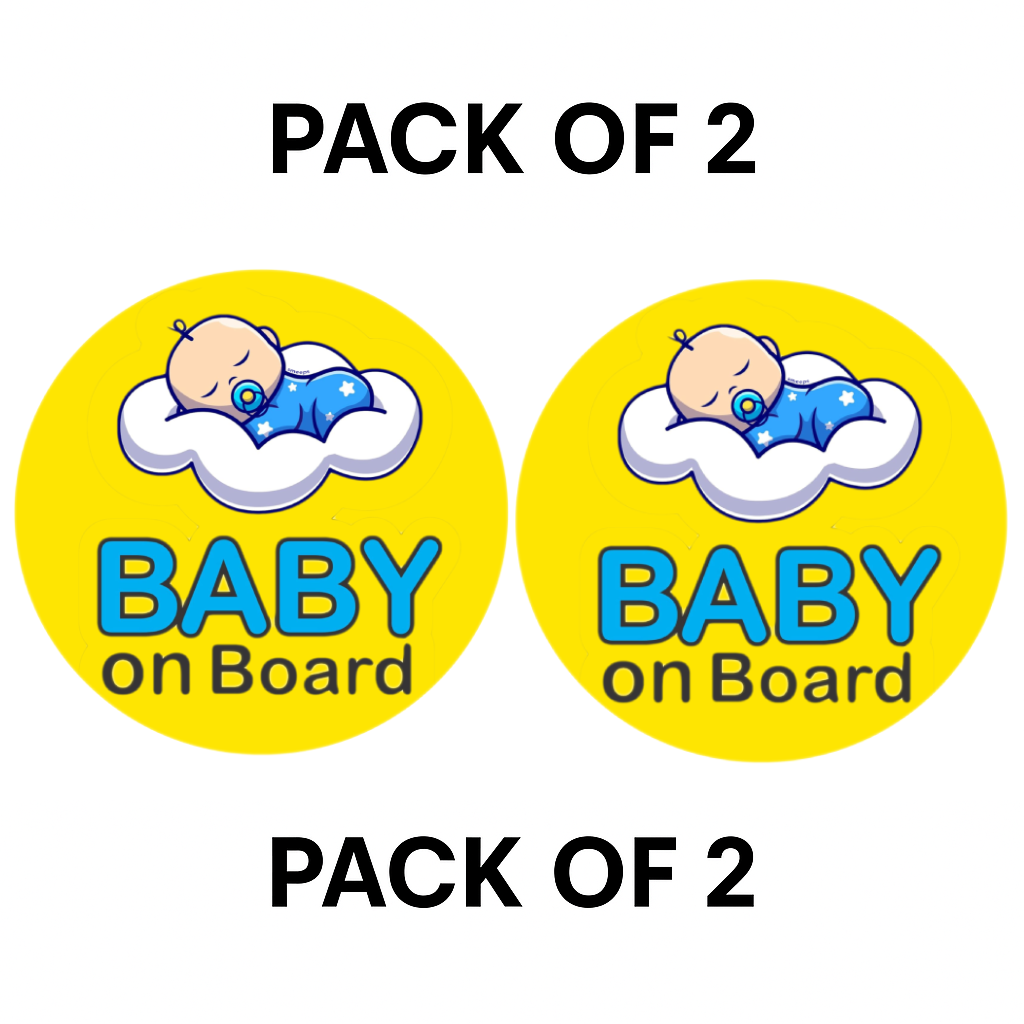 Pack of 2 | Smeeps Baby on Board Sticker – 15.24 cm Round | Sleeping Baby on Cloud Design | Yellow & Blue Waterproof Car Safety Sign