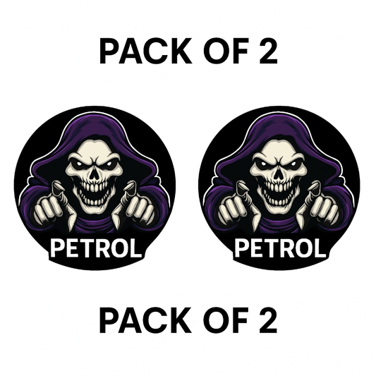 Smeeps Petrol Skull Sticker – 7.8 x 7.8 cm Round Car Decal with Grim Reaper Design | Bold Black & Purple Look | For Automotive Use Only