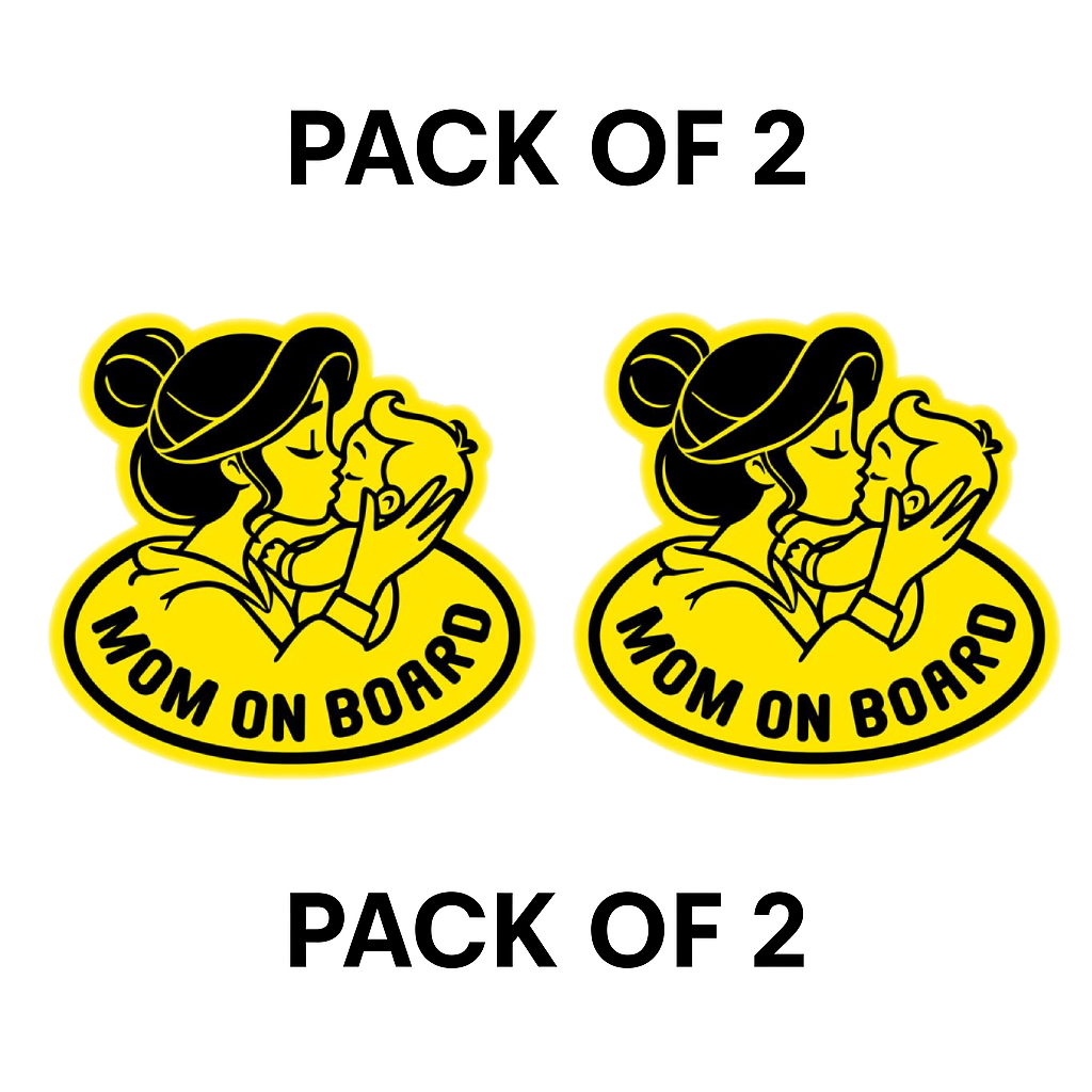 Smeeps Mom On Board Sticker – 12.5 x 12 cm Oval Kiss Design | Loving Mother & Baby Graphic | Bright Yellow, Waterproof, Durable