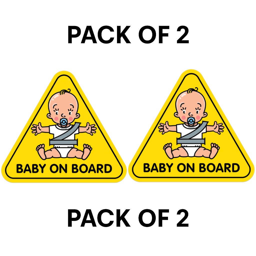 Pack of 2 | Smeeps Baby on Board Car Sticker, 13.57 x 12.07 cm Triangle, Bright Yellow Safety Decal with Cartoon Baby – Waterproof & Weatherproof for Rear Windows