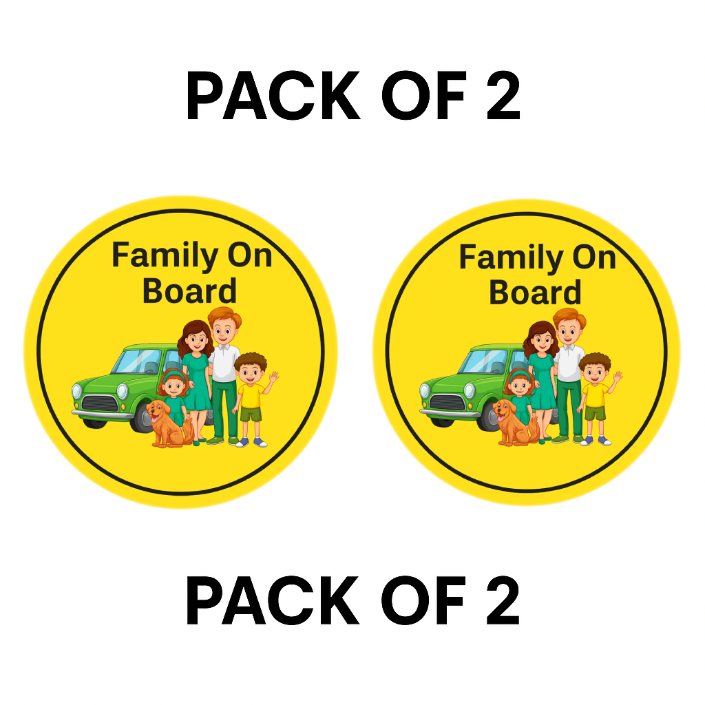 Pack of 2 | Smeeps Family On Board Sticker – 15.24 cm Round | Cartoon Family & Dog with Green Car | Bright Yellow Safety Sign for Vehicles