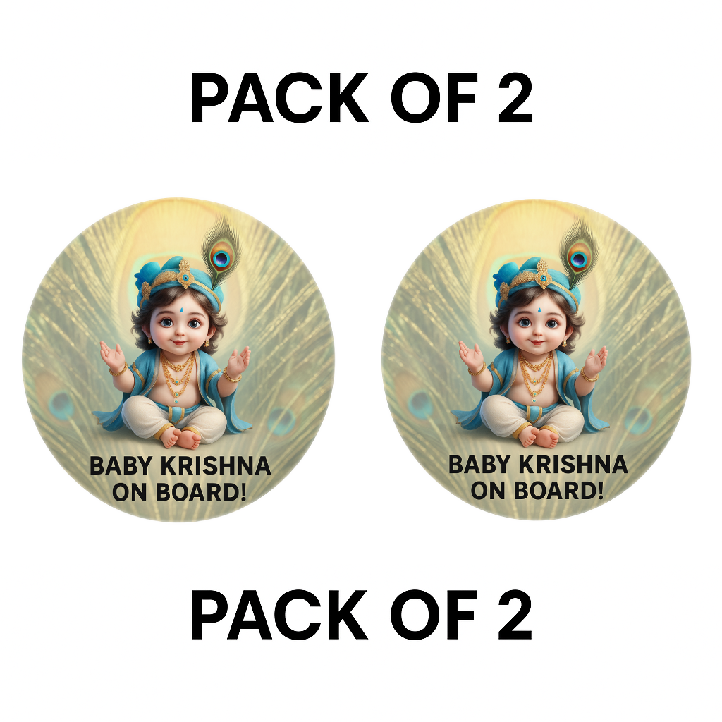 Pack of 2 | Smeeps Baby Krishna On Board Sticker – 15.24 cm Round | Devotional Car Safety Sign with Cute Krishna Design | Waterproof & UV-Resistant