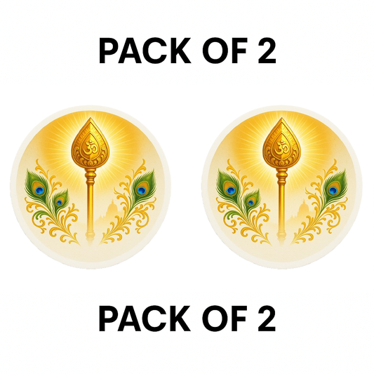 Smeeps Golden Vel with Om Symbol & Peacock Feathers Sticker | 7.62 x 7.62 cm | For Car & Bike
