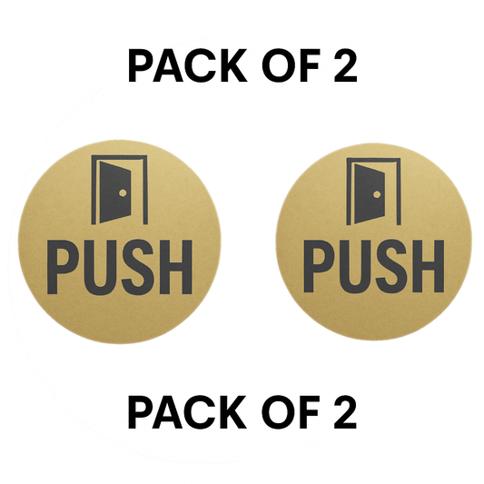 Pack of 2 | Smeeps Round “PUSH” Door Sticker – 15.24 cm | Gold Finish with Bold Black Print | Adhesive Vinyl Decal for Glass, Metal & Wood Doors | Easy to Apply | Office, Retail & Hospitality Use