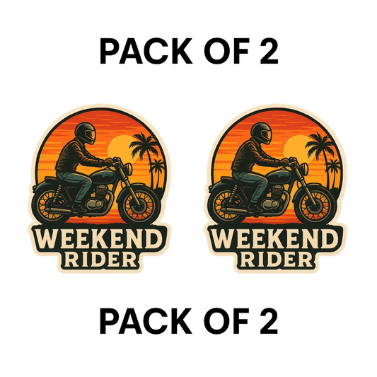 Smeeps Weekend Rider Sticker – 10.16 x 10.16 cm | Sunset Scene Vinyl Bike Decal (Bold Rider & Palm Silhouette Design)
