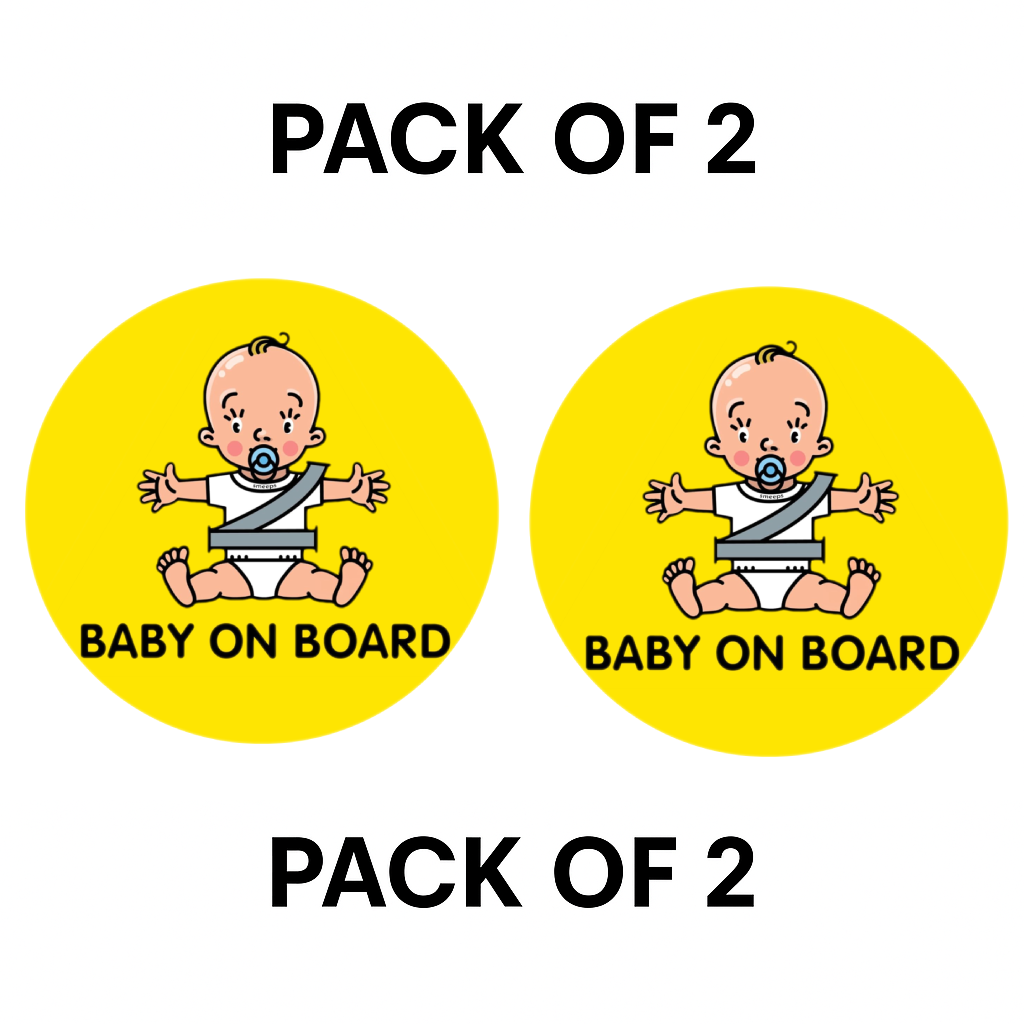 Pack of 2 | Smeeps Baby on Board Sticker – 15.24 cm Round | Cute Pacifier Baby Design | Yellow & Black Waterproof Car Safety Sign