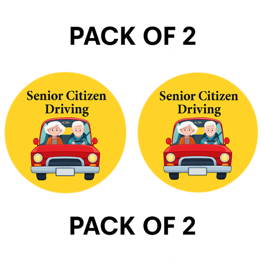 Pack of 2 | Smeeps Senior Citizen Driving Sticker – 15.24 cm Round | Friendly Elderly Couple Design | Yellow & Red High-Visibility Car Sign