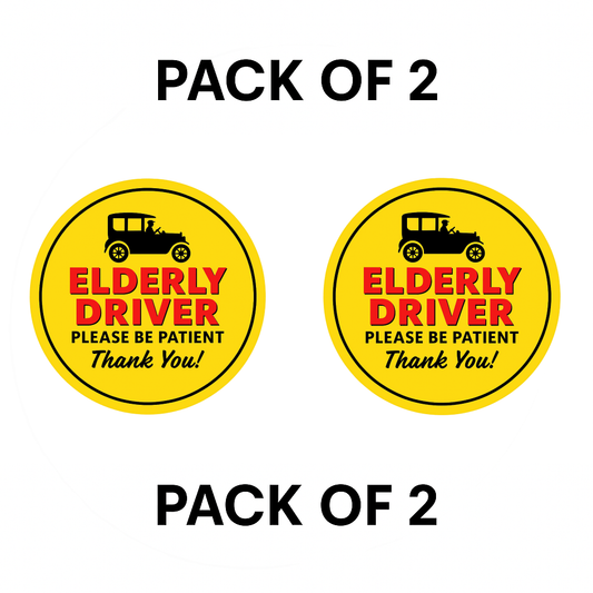 Pack of 2 | Smeeps Elderly Driver Please Be Patient Sticker – 15.24 cm Round | Bold Vintage Car Design | Yellow, Red & Black Safety Sign