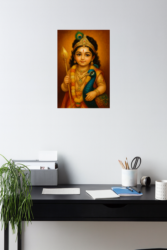 Smeeps Bala Murugan Wall Poster – Divine Child Murugan with Vel & Peacock Artwork | 30.48 x 45.72 cm Spiritual Home & Pooja Room Décor