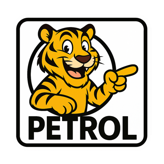 Cartoon Tiger Petrol Sticker – 13 x 13 cm | Fun & Bold Petrol Fuel Indicator Decal | Waterproof Vinyl for Cars
