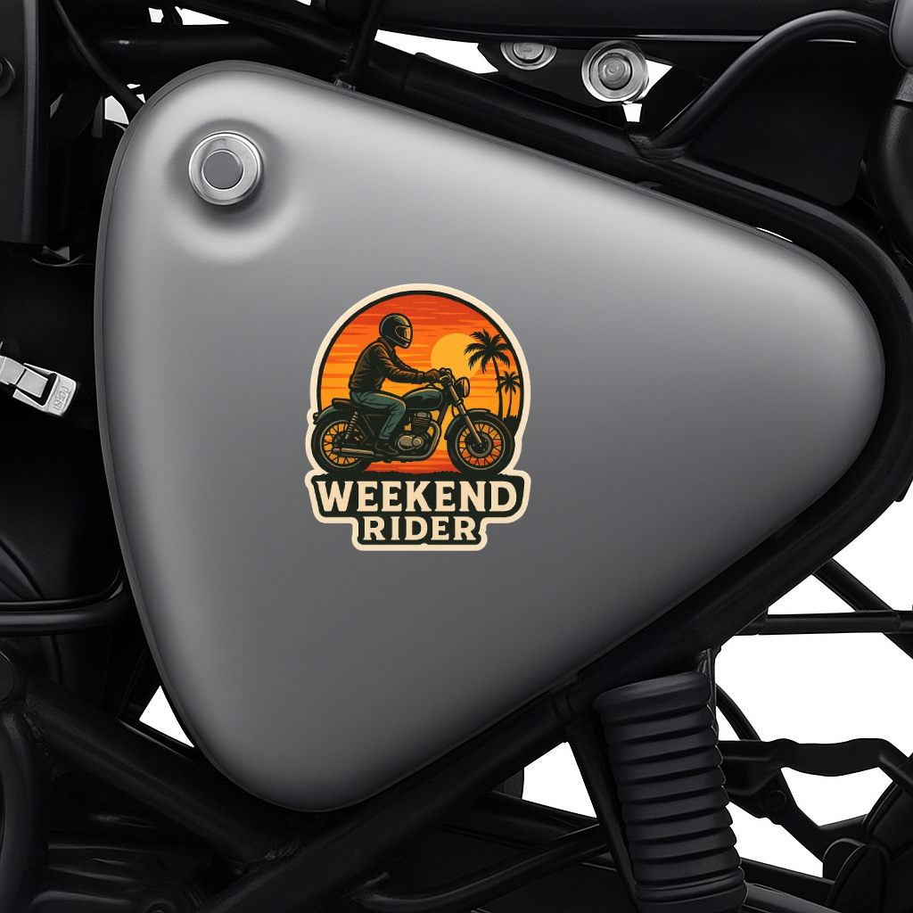 Smeeps Weekend Rider Sticker – 10.16 x 10.16 cm | Sunset Scene Vinyl Bike Decal (Bold Rider & Palm Silhouette Design)