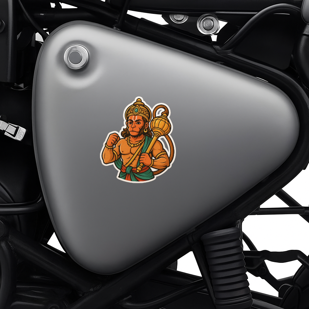 Hanuman Ji Warrior Pose Sticker – H: 15.24 cm x W: 11.43 cm | Bold Devotional Vinyl Decal for Car & Bike