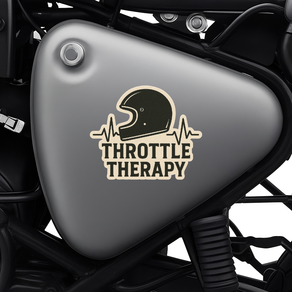 Smeeps Throttle Therapy Sticker – 10.16 x 10.16 cm | Biker Helmet Vinyl Decal (Retro Beige & Black Theme)