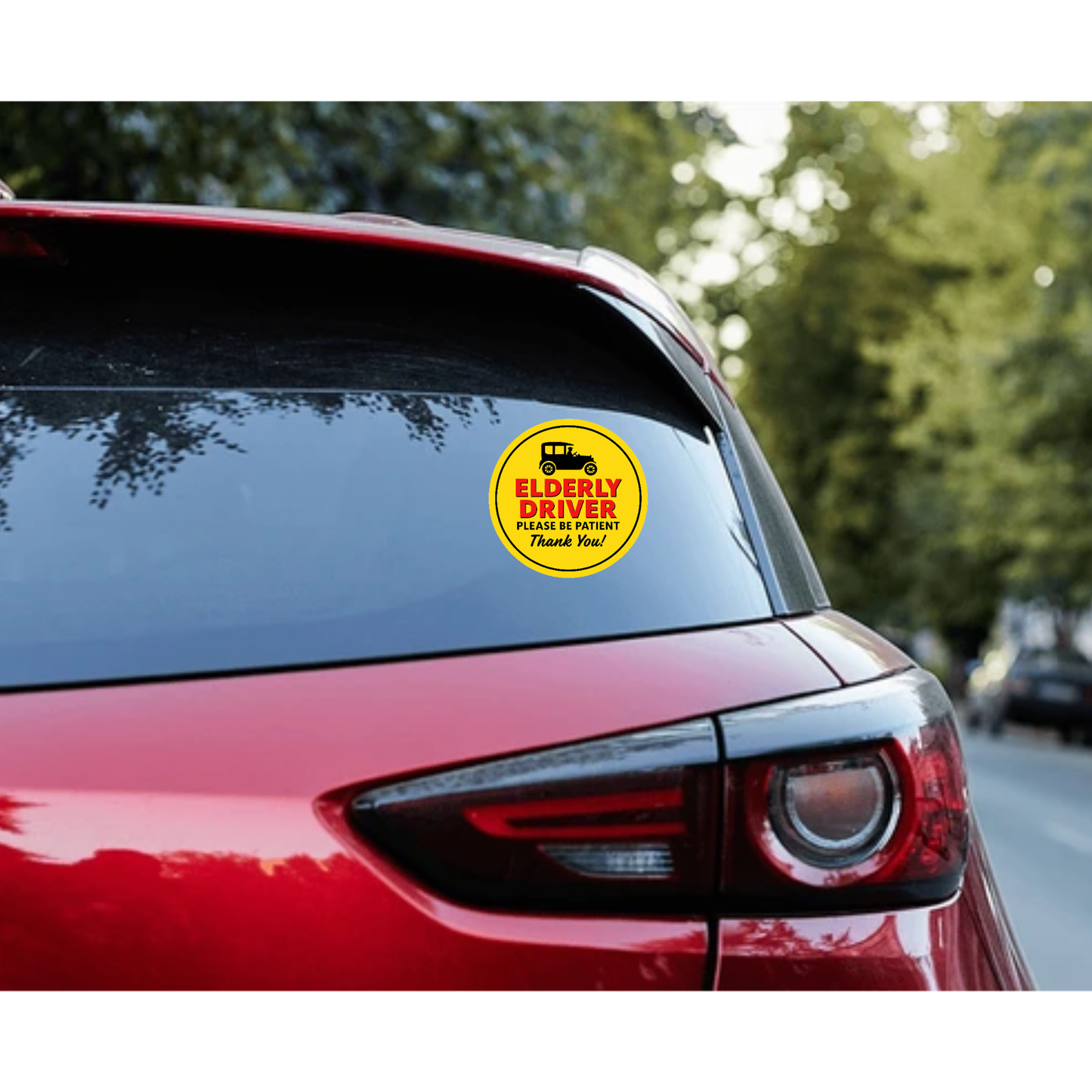 Smeeps Elderly Driver Please Be Patient Sticker – 15.24 cm Round | Bold Vintage Car Design | Yellow, Red & Black Safety Sign
