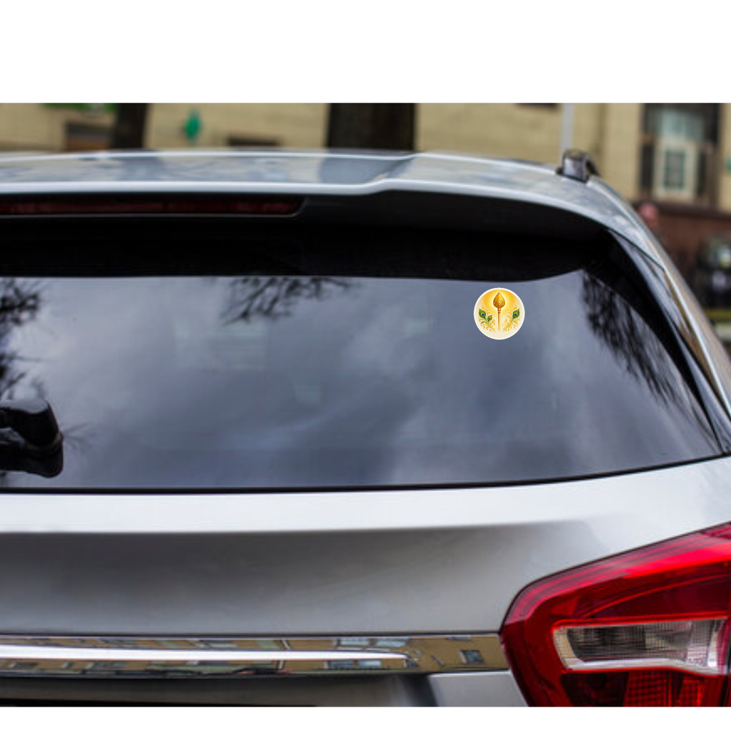 Smeeps Golden Vel with Om Symbol & Peacock Feathers Sticker | 7.62 x 7.62 cm | For Car & Bike