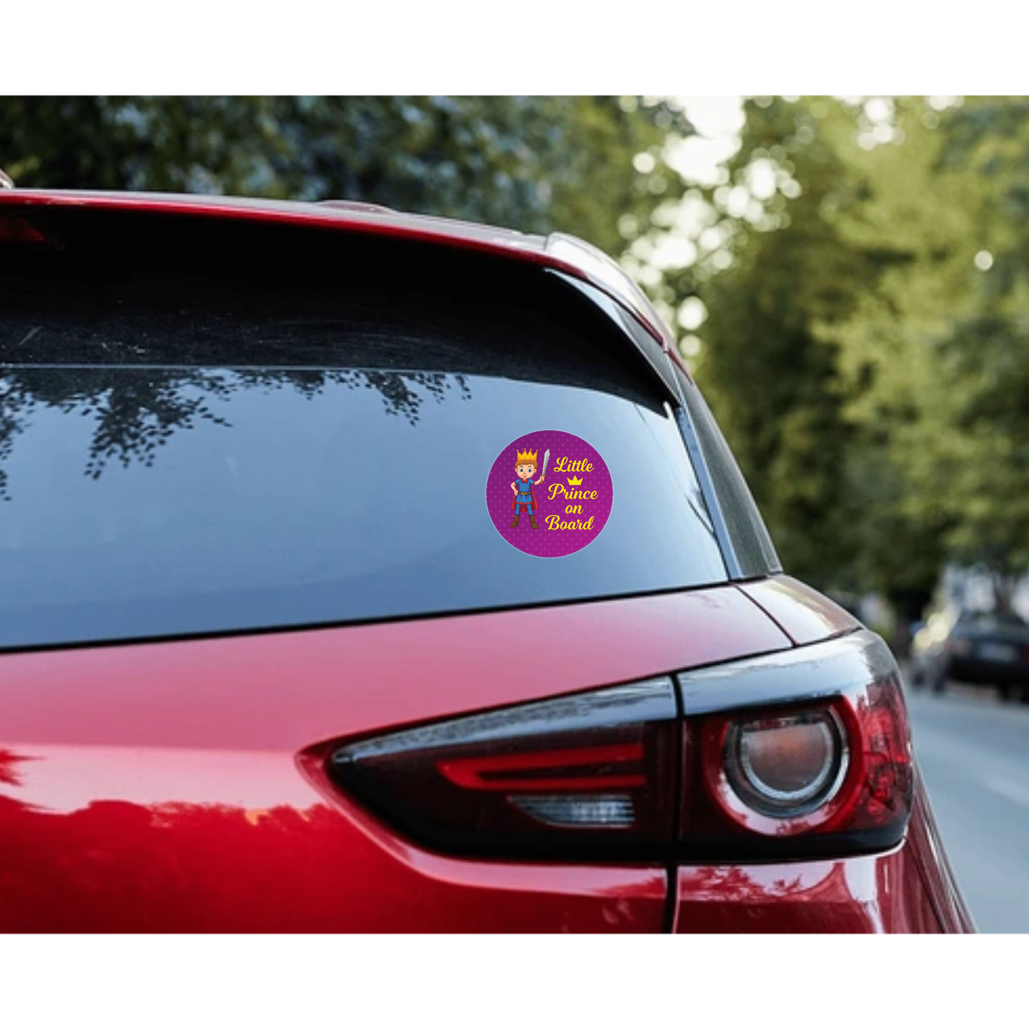 Smeeps Little Prince On Board Sticker – 15.24 cm Round | Cute Cartoon Prince with Sword & Crown | Purple Polka Dot Safety Sign for Cars