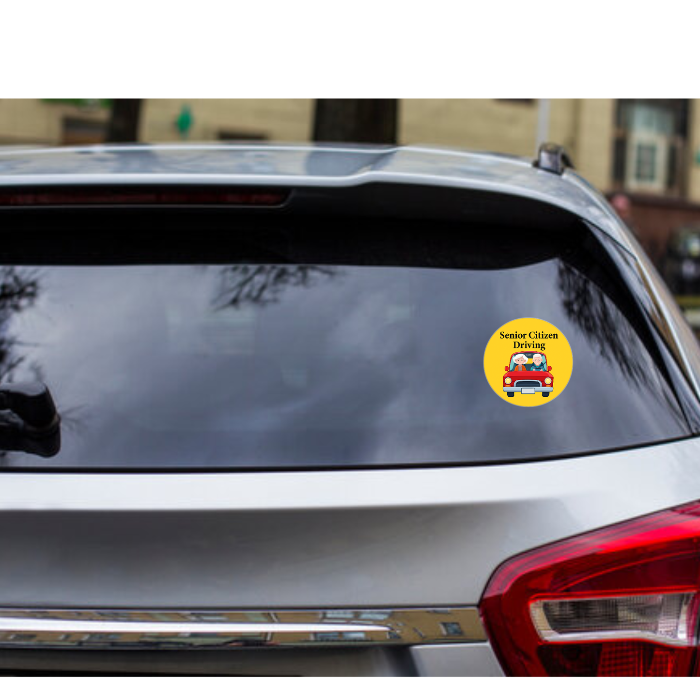 Smeeps Senior Citizen Driving Sticker – 15.24 cm Round | Friendly Elderly Couple Design | Yellow & Red High-Visibility Car Sign