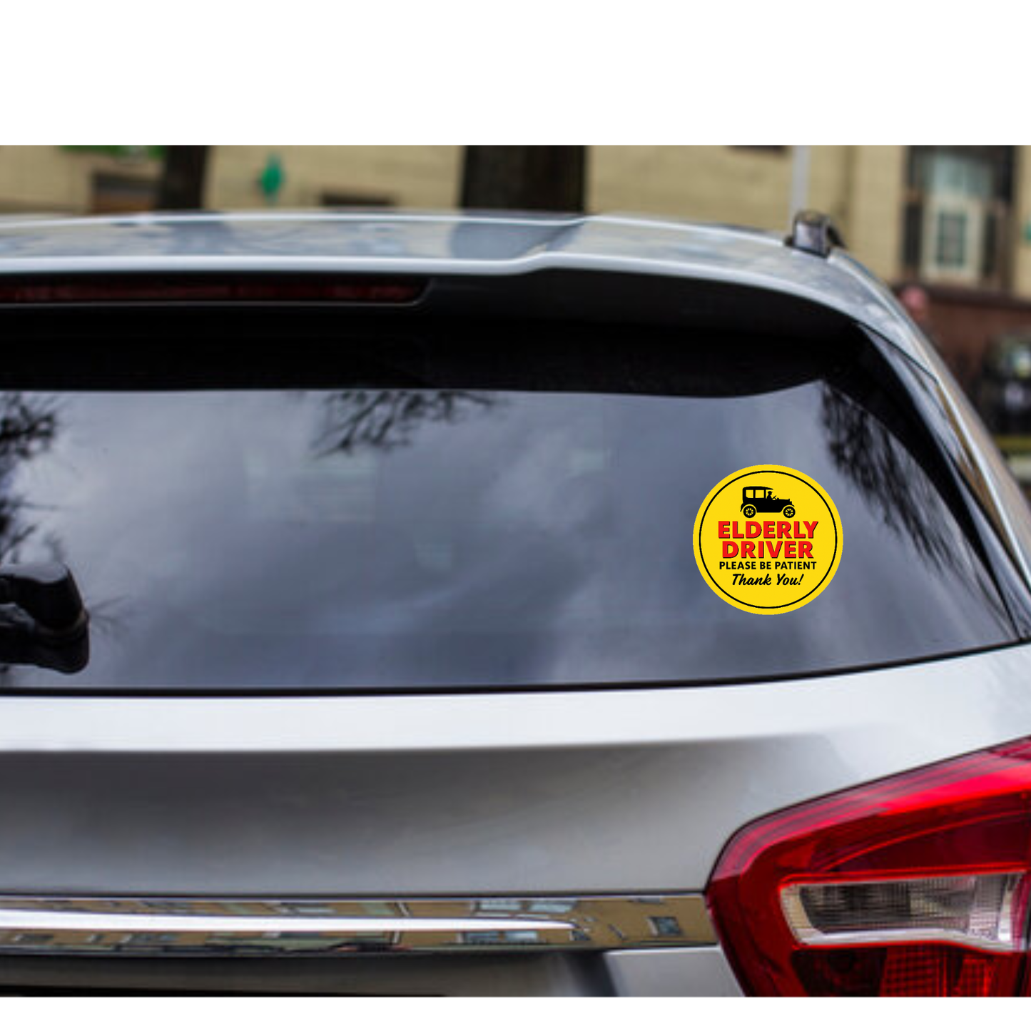 Smeeps Elderly Driver Please Be Patient Sticker – 15.24 cm Round | Bold Vintage Car Design | Yellow, Red & Black Safety Sign