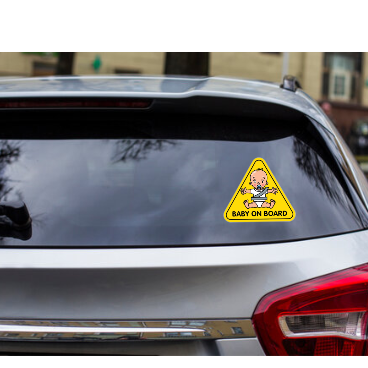 Smeeps Baby on Board Car Sticker, 13.57 x 12.07 cm Triangle, Bright Yellow Safety Decal with Cartoon Baby – Waterproof & Weatherproof for Rear Windows