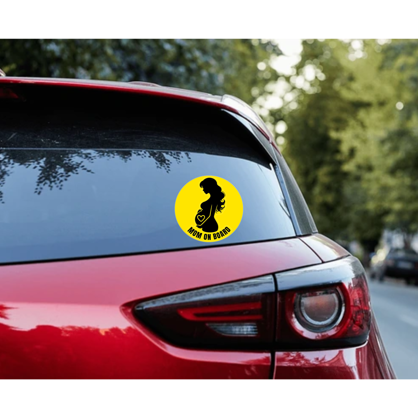 Smeeps Mom on Board Sticker – 15.24 cm Round | Bold Silhouette Design with Heart | Yellow & Black Waterproof Car Safety Sign
