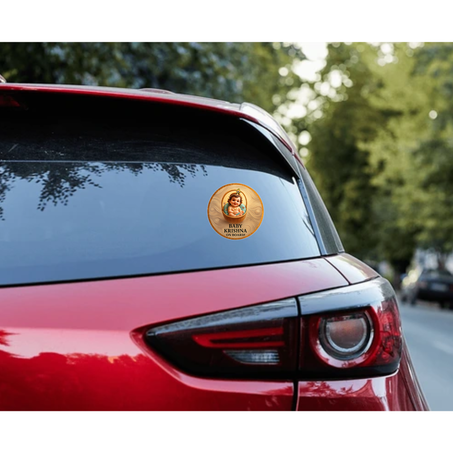 Pack of 2 | Smeeps Baby Krishna On Board Sticker – 15.24 cm Round | Basket-Themed Divine Krishna Design | Waterproof & UV-Proof Car Safety Sign