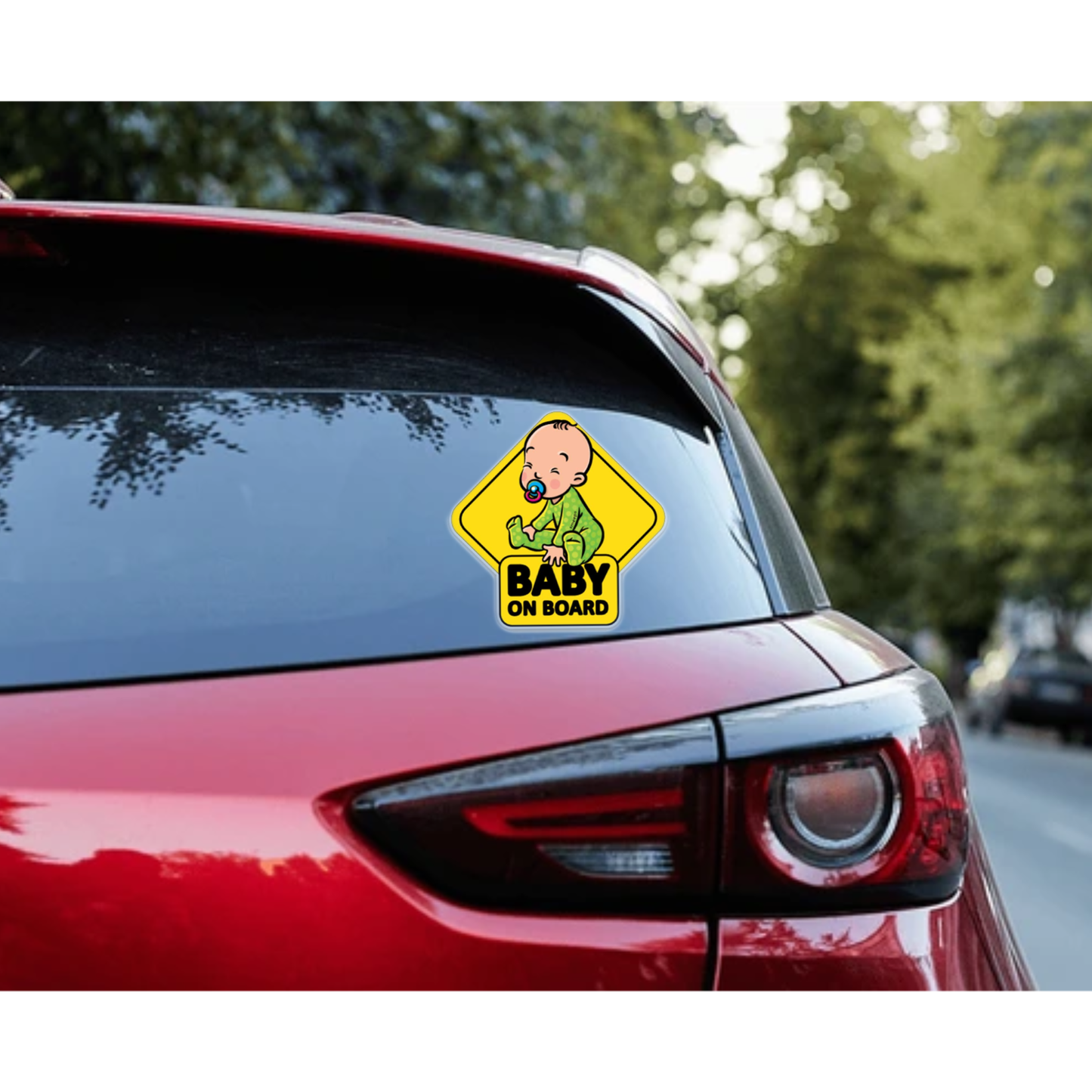 Smeeps Baby on Board Car Sticker, 14.7 x 14.7 cm Diamond Shape – Smiling Baby in Green Pajamas, Waterproof Safety Sign for Vehicles